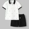 White and Black Boy's Polo Set with Anchor Pattern