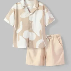 Brown Linen Boys Shirt and Pajamas Set with Summer Patterns